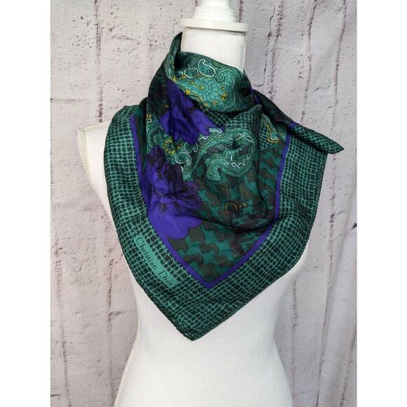 Christian Dior Autumn Green Hues Violet Floral & Paisley 100% Silk Square Scarf - Picture 1 of 8